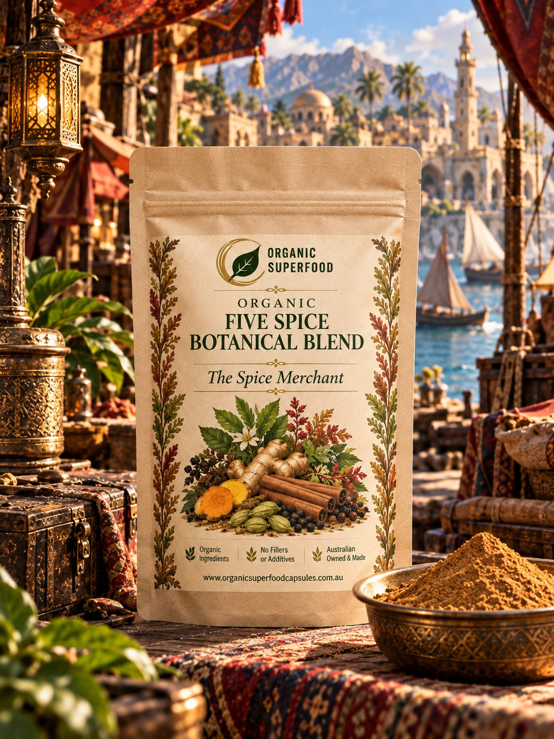 A stand-up pouch of Organic Superfood Organic Five Spice Botanical Blend stands on a table in a richly decorated market setting with spices, lanterns, and a scenic coastal city in the background. A small bowl of yellow spice powder sits to the right.