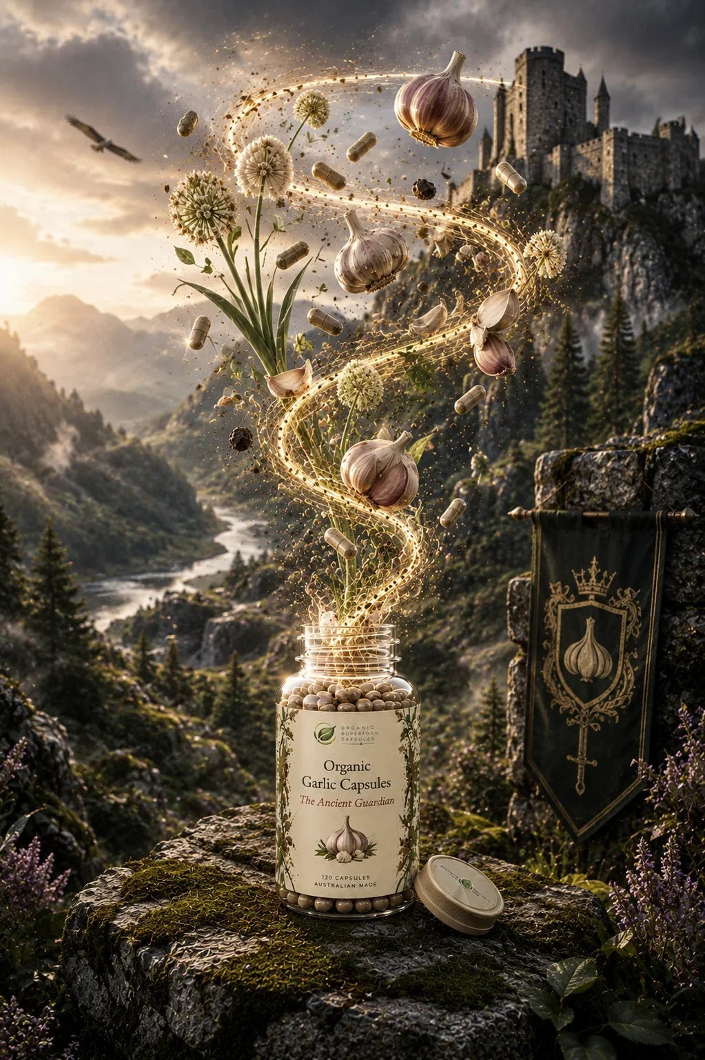 A jar of organic garlic capsules stands on a mossy rock in a fantasy mountain landscape, with glowing garlic bulbs and golden light swirling above it. A castle, river, and forest are visible in the background, along with a decorative shield featuring a garlic emblem.