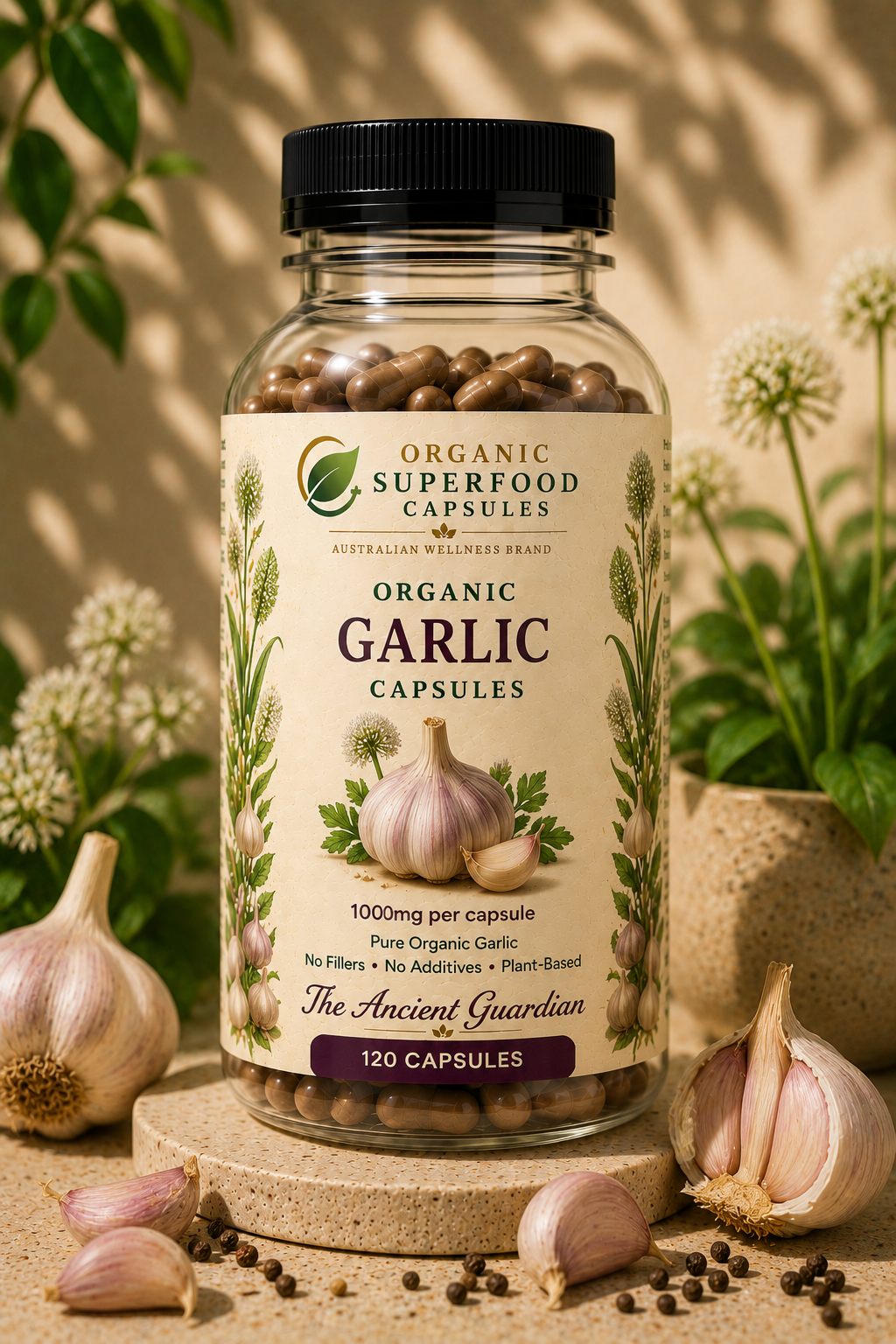 Bottle of Organic Superfood Capsules Garlic on a natural background with garlic bulbs. Organic Garlic Capsules | The Ancient Guardian
