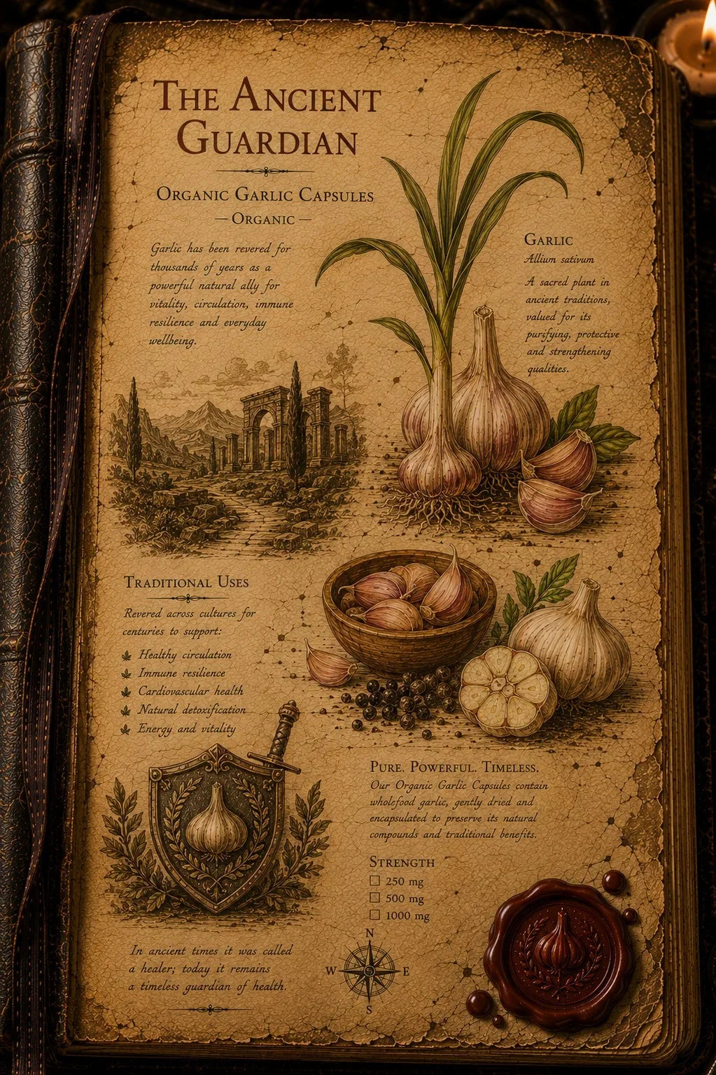 An aged parchment-style poster titled 'The Ancient Guardian' featuring vintage illustrations of garlic bulbs, herbs, a bowl of garlic cloves, and decorative text, displayed against a dark leather background.