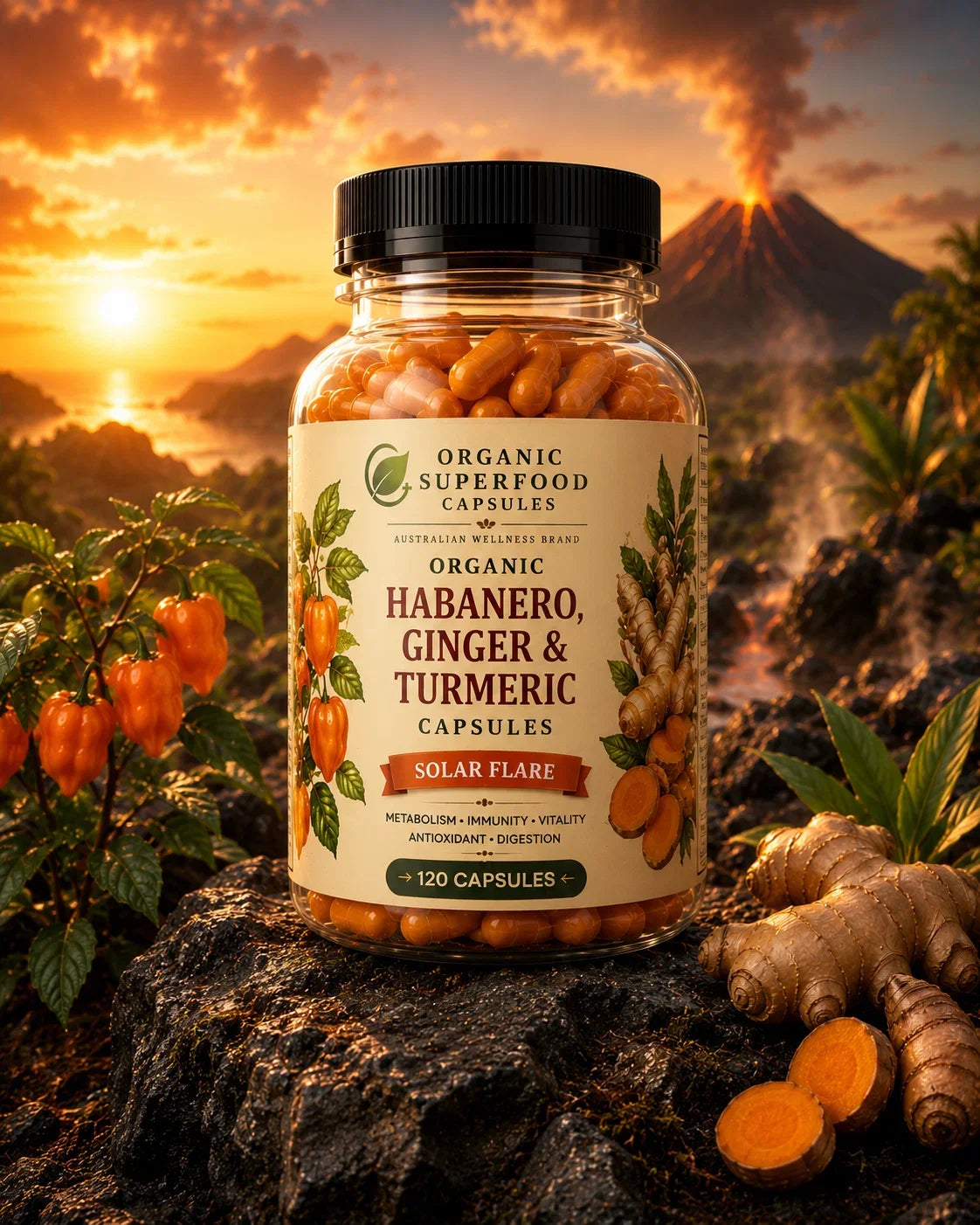 Supplement bottle labeled 'Habanero, Ginger & Turmeric' with a scenic background. Organic Habanero, Ginger & Turmeric Capsules | Solar Flare