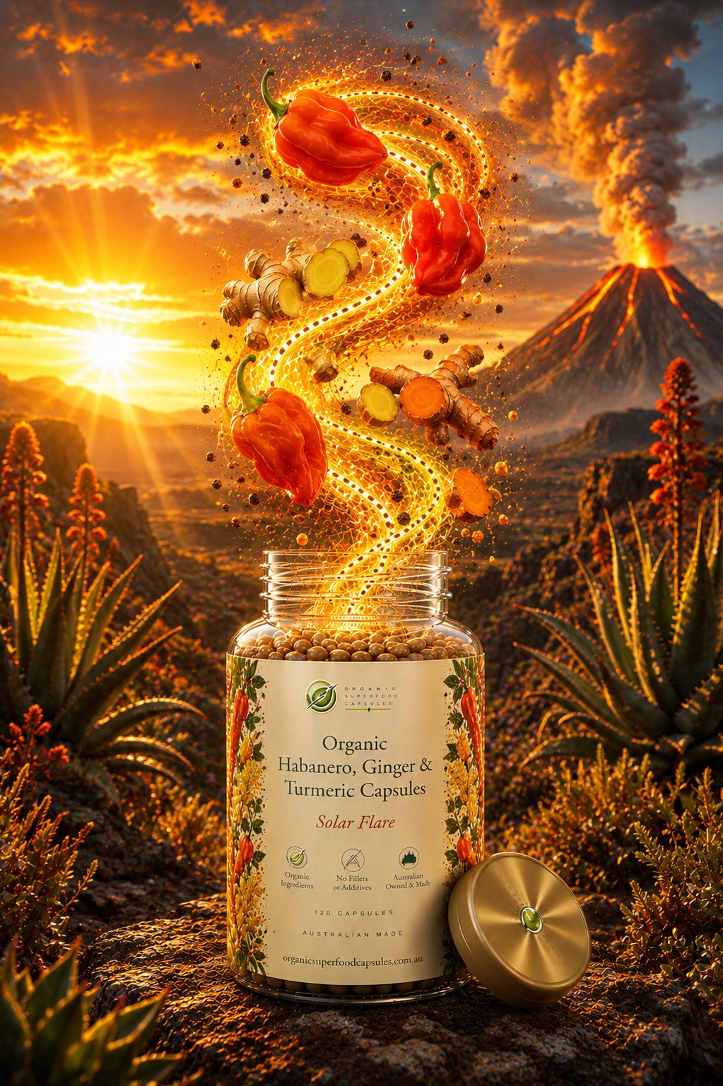 A clear supplement jar labeled 'Organic Habanero, Ginger & Turmeric Capsules Solar Flare' sits in a dramatic volcanic landscape at sunset, with glowing orange and red ingredients swirling upward from the open jar and a gold-toned lid beside it.