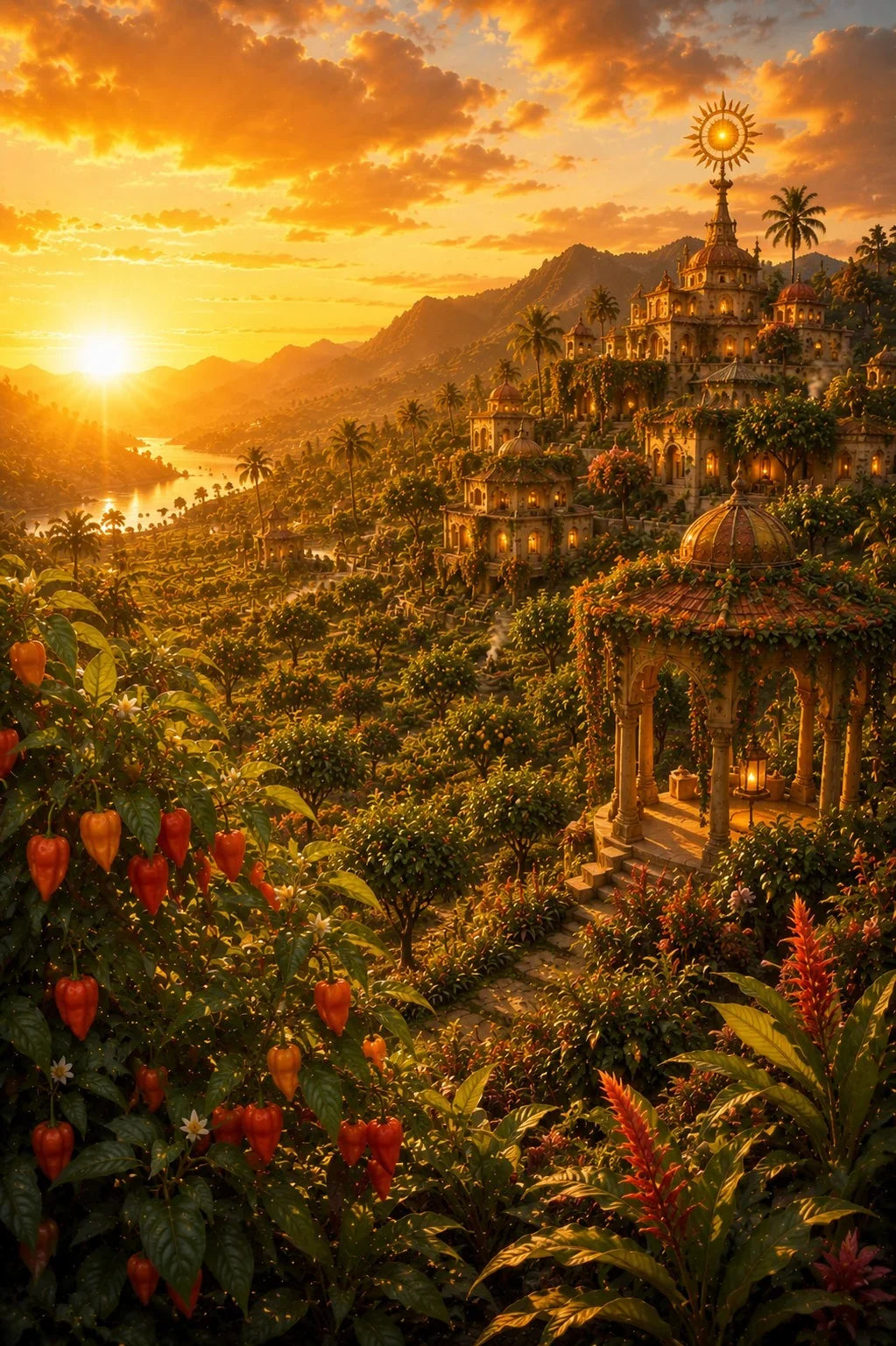 A golden sunset landscape with a lush hillside village, mountains in the background, a glowing sun emblem atop a tower, and dense tropical foliage in the foreground.