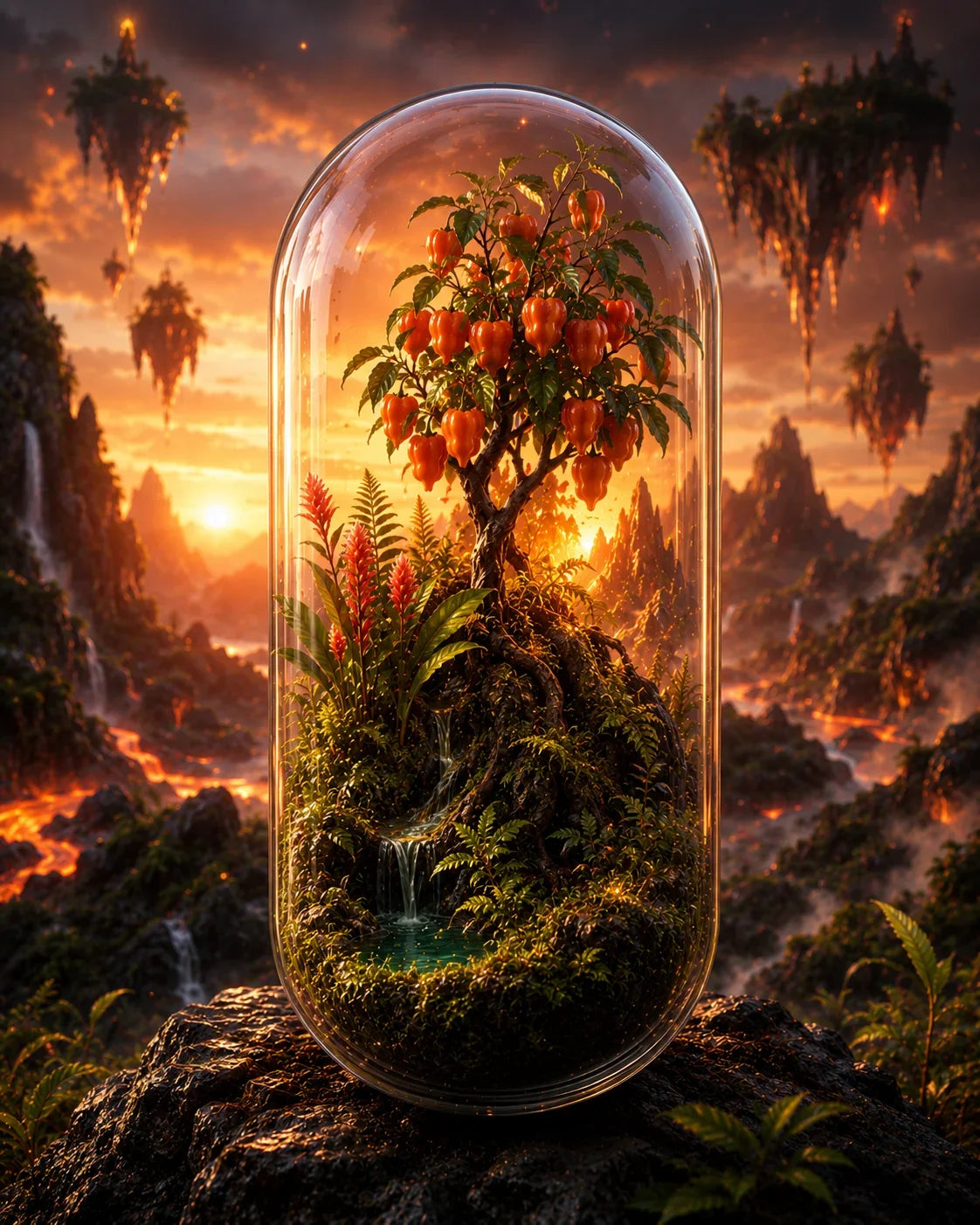 Glass dome with a tree and plants against a fantasy landscape backdrop. Organic Habanero, Ginger & Turmeric Capsules | Solar Flare