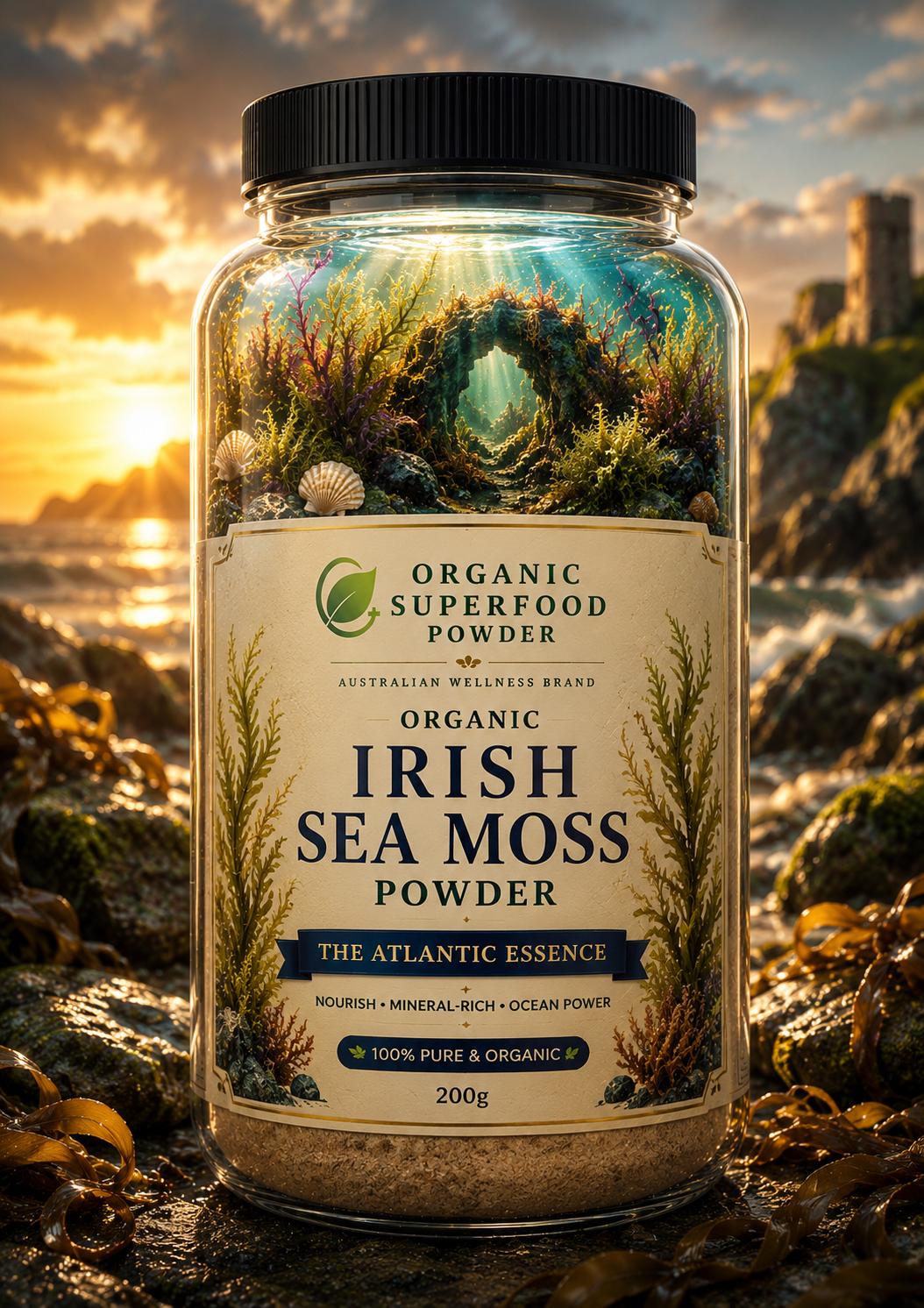 Jar of Organic Irish Sea Moss Powder with a scenic background