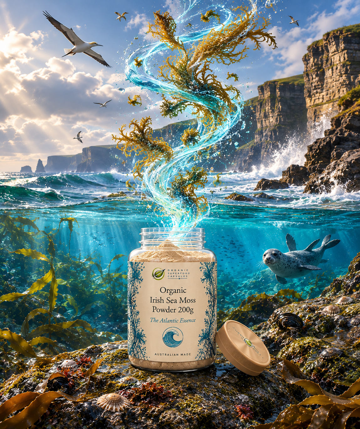 A jar of Organic Irish Sea Moss Powder sits on a rocky shoreline with the lid beside it. Above the jar, a swirling blue and green sea moss vapor effect rises into a dramatic coastal scene with cliffs, waves, birds, and a seal.