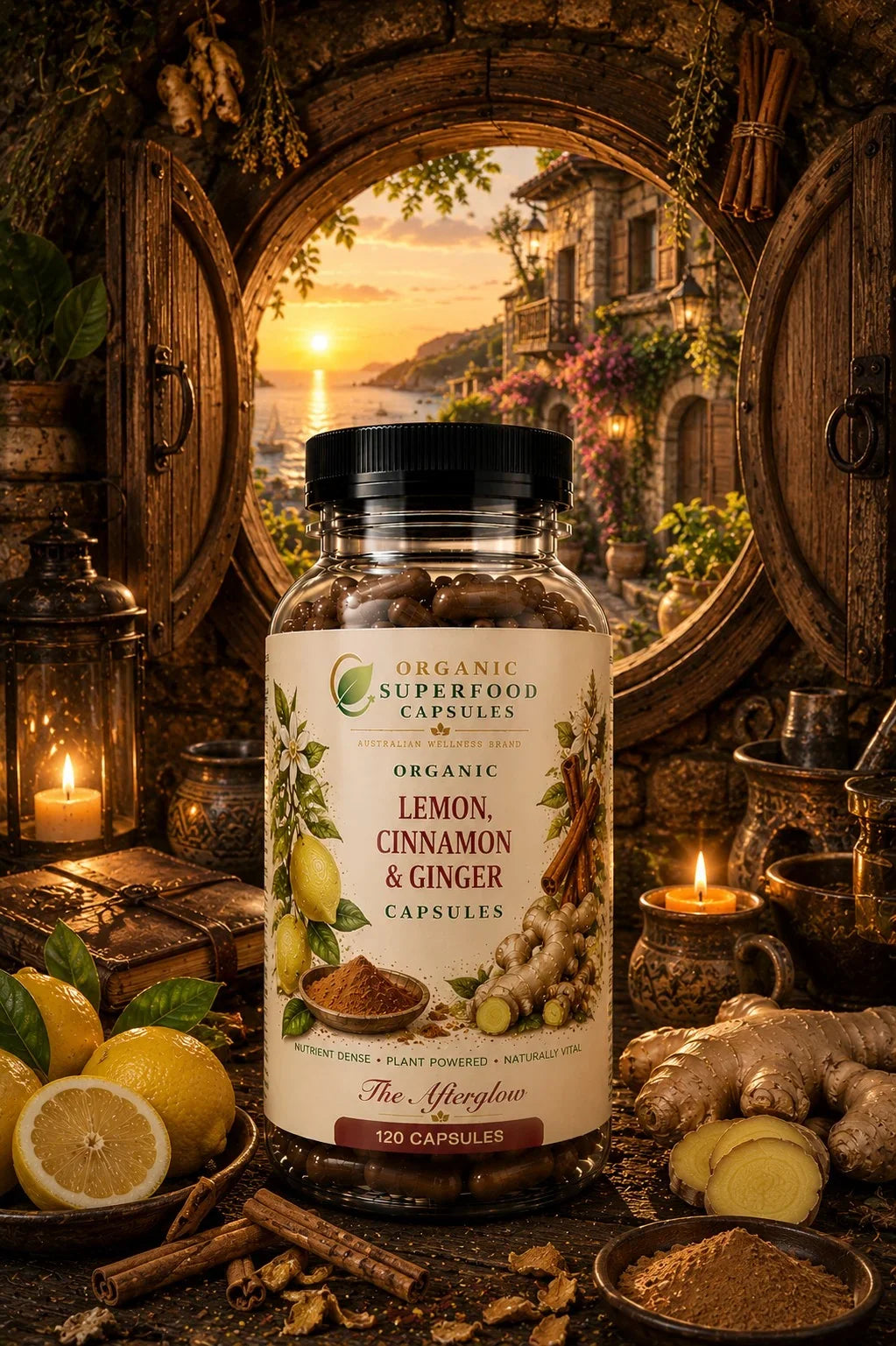A bottle of Organic Superfood Capsules labeled 'Organic Lemon, Cinnamon & Ginger Capsules' is centered in a rustic, warmly lit scene with lemons, ginger root, cinnamon sticks, candles, and an open wooden door behind it.