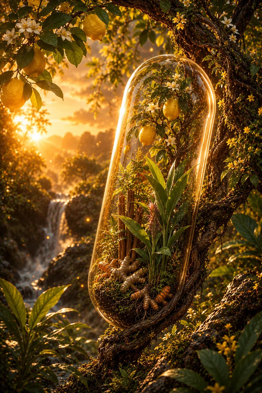 Glass dome with plants on a tree branch with a waterfall in the background. Organic Lemon, Cinnamon & Ginger Capsules | The Afterglow