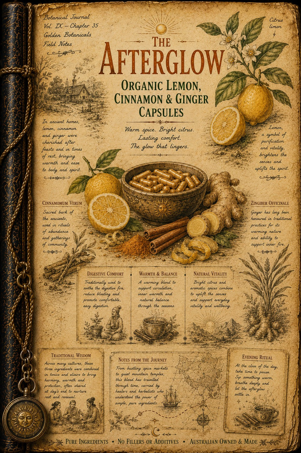 A vintage-style illustrated product card or booklet cover for 'The Afterglow Organic Lemon, Cinnamon & Ginger Capsules'. The design features an aged parchment background with illustrations of lemons, ginger root, cinnamon sticks, herbs, and a compass, alongside product details and benefits.
