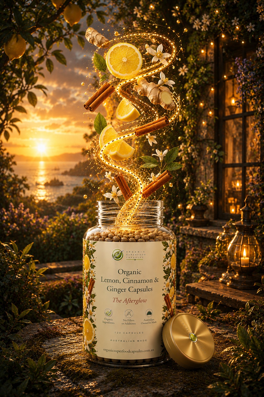 A jar of organic lemon, cinnamon, and ginger capsules sits on a stone surface outdoors at sunset, with glowing cinnamon sticks, lemon slices, flowers, and fairy lights rising from the open jar. The background shows a garden patio with string lights and a window.