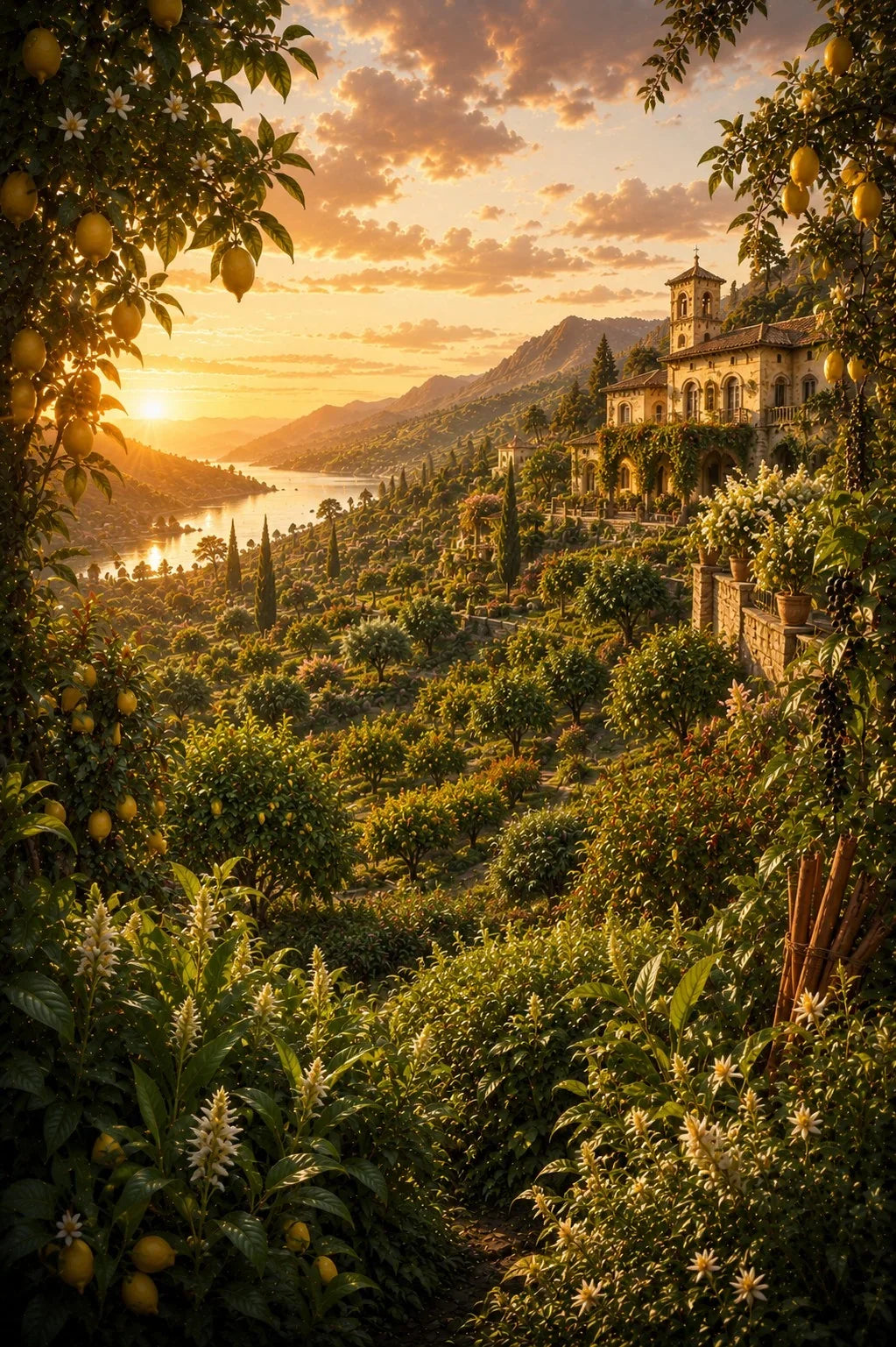 A scenic landscape artwork showing a sunlit hillside orchard with lemon trees, a stone villa on the right, mountains in the distance, and a glowing sunset over water. The scene fills the frame with no visible mat or wall surround.