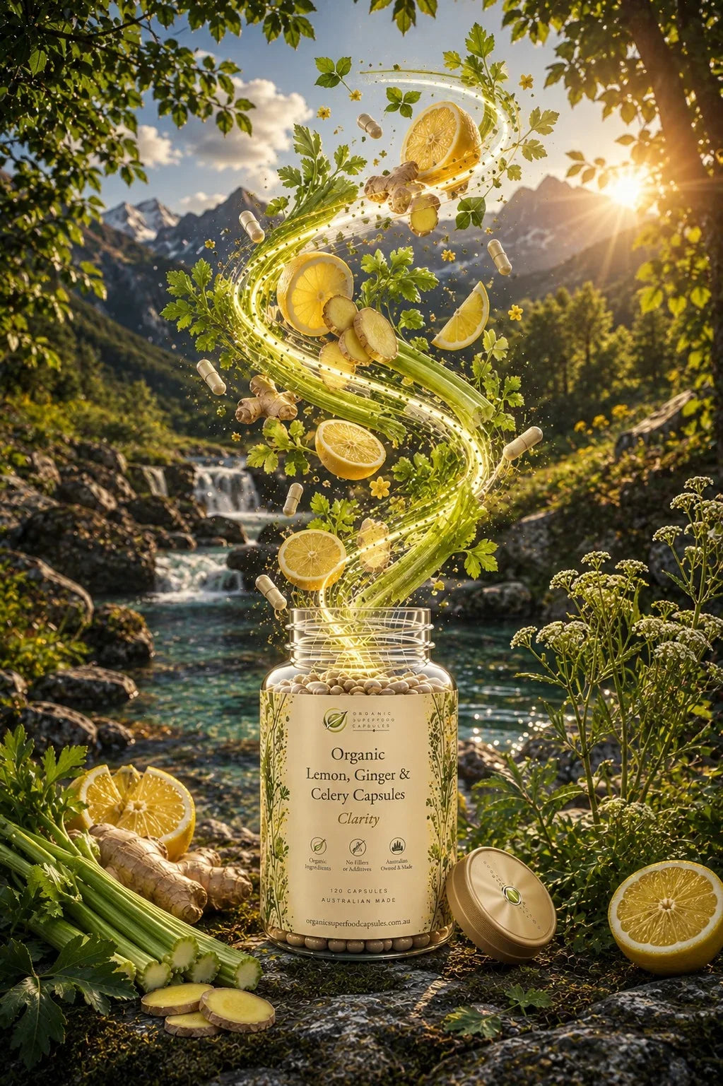 A clear supplement jar labeled 'Organic Lemon, Ginger & Colly Capsules' sits outdoors in a mountain stream setting with lemons, ginger, and green leaves floating around it in a glowing spiral effect.