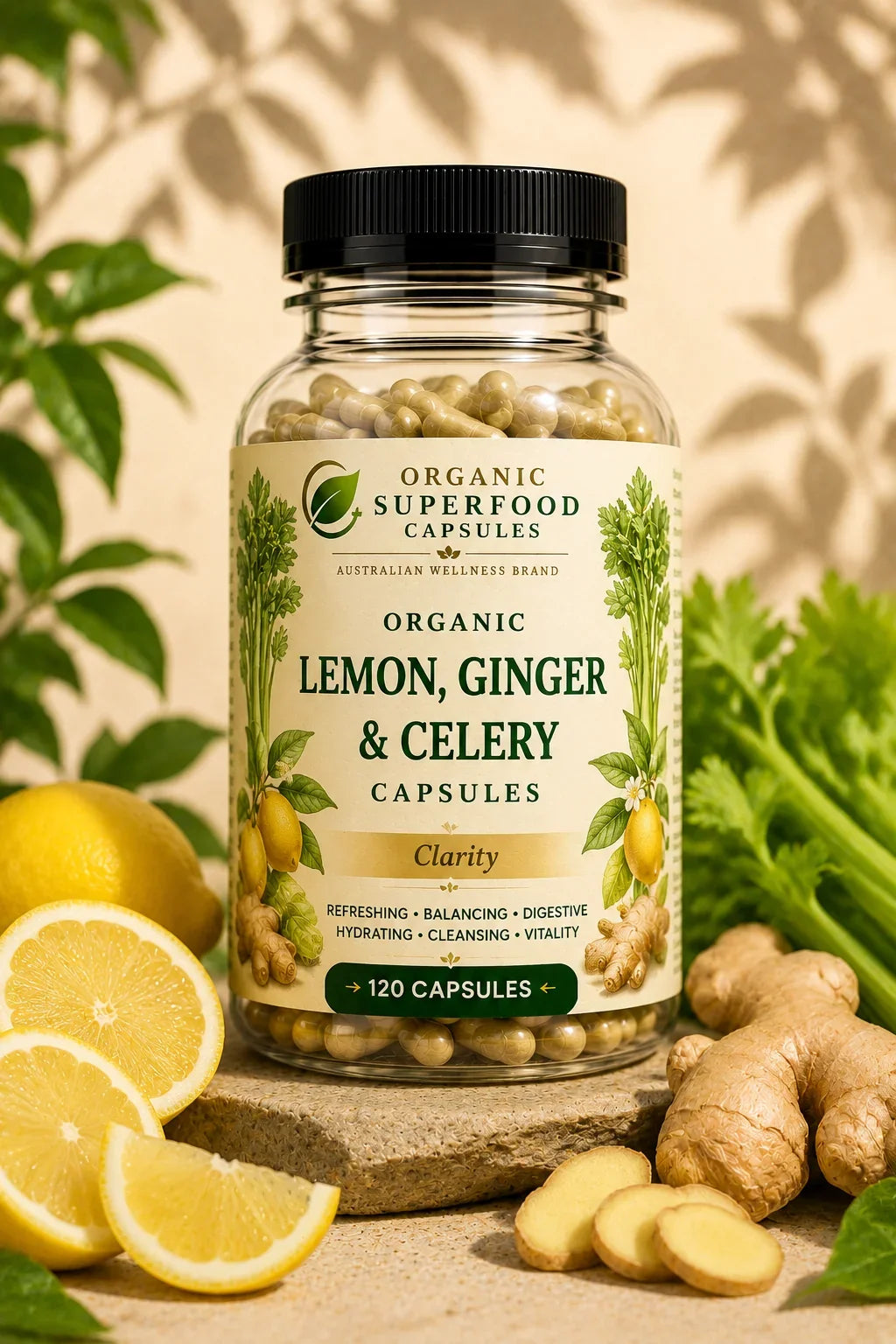 Jar of organic lemon, ginger, and celery capsules with lemons, ginger, and celery on a wooden surface. Organic Lemon, Ginger & Celery Capsules | Clarity