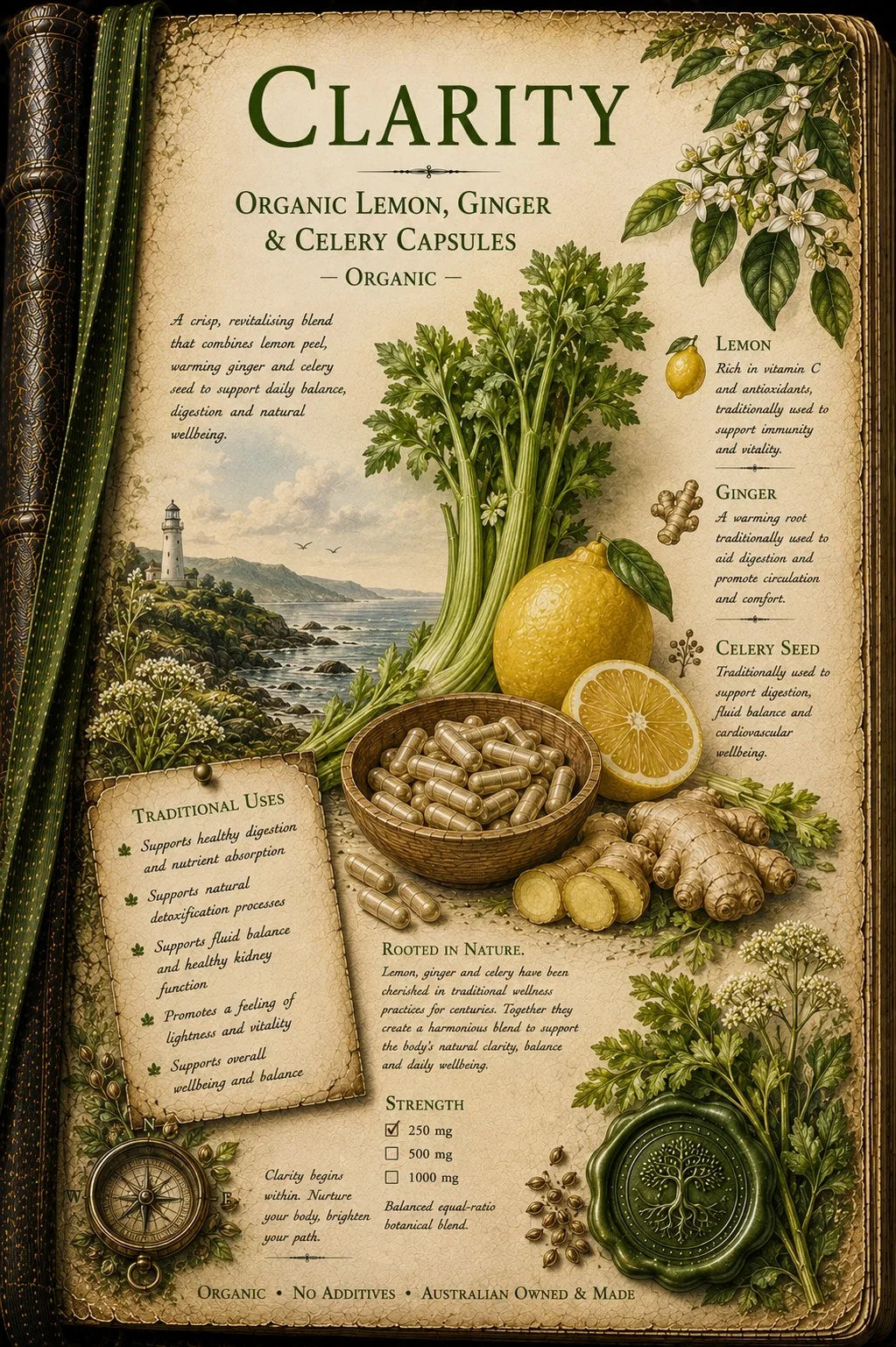 A vintage-style herbal supplement book page titled 'CLARITY' showing organic lemon, ginger, and celery capsules, with illustrations of lemons, celery, ginger root, herbs, a compass, and a green seal on an aged parchment background.