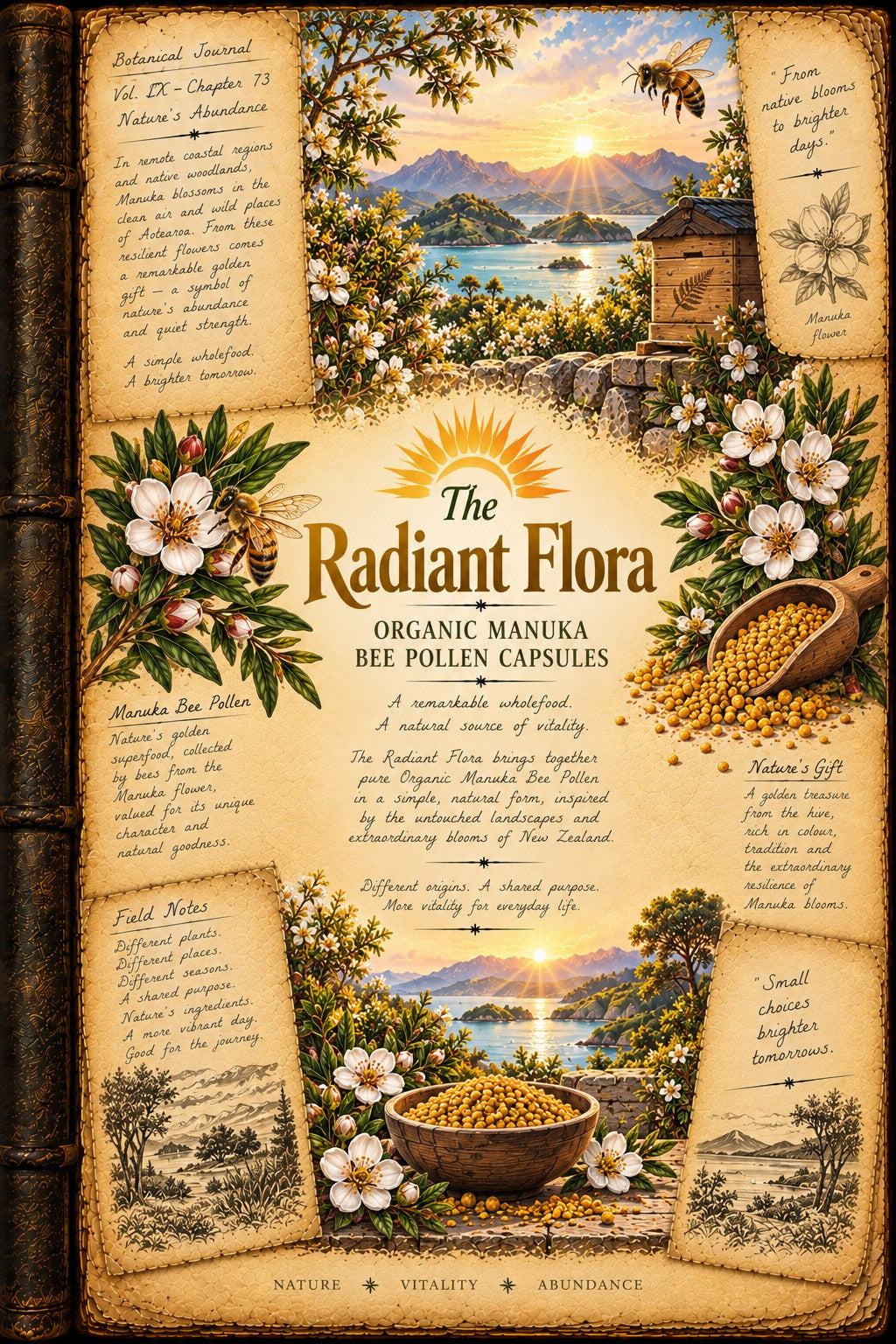 A decorative illustrated poster or booklet cover titled 'The Radiant Flora' featuring vintage parchment-style panels, botanical drawings, a beehive, flowers, and a sunset landscape. The central text reads 'Organic Manuka Bee Pollen Capsules.