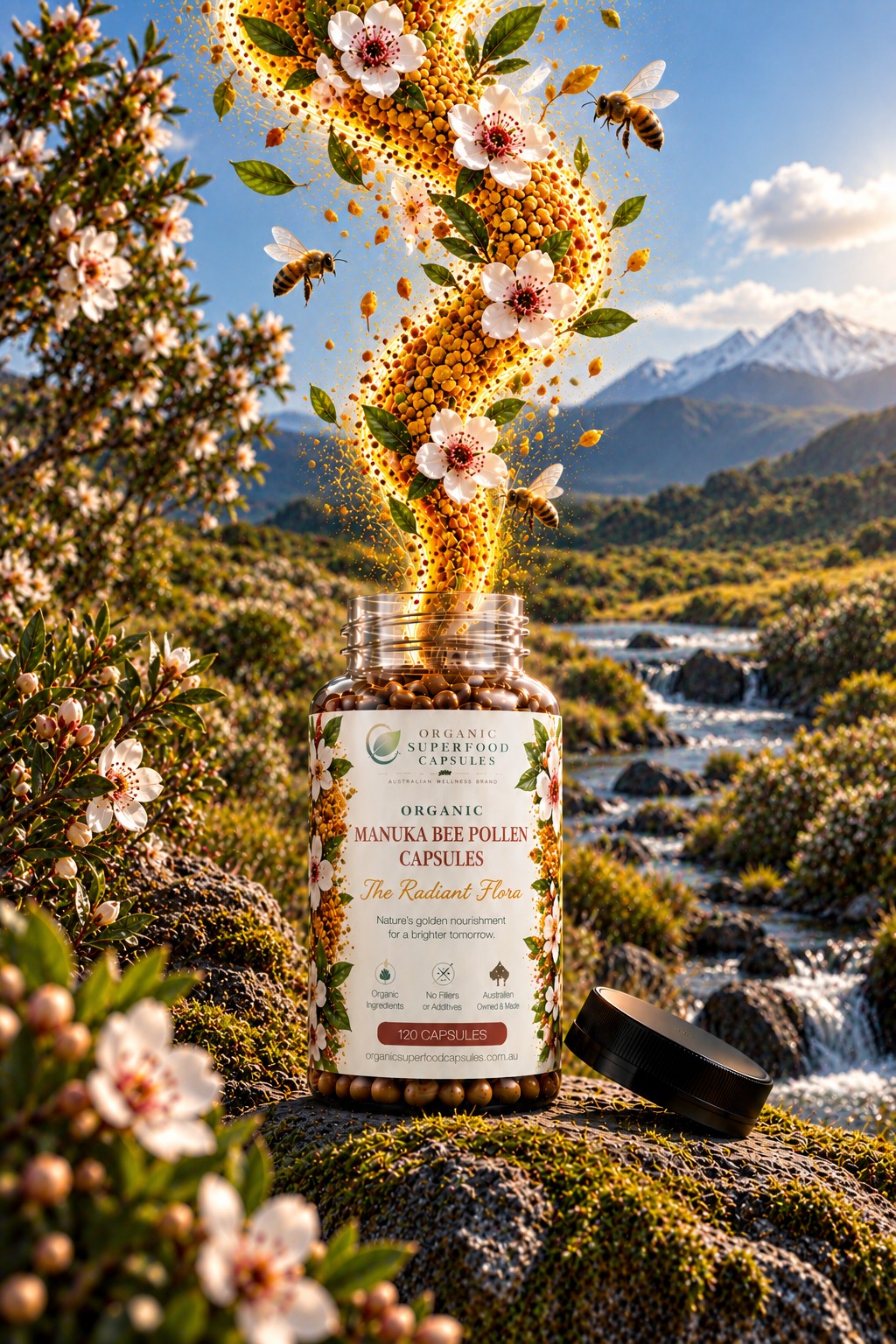 A jar of Manuka Bee PolLEN capsules sits on a mossy rock in a mountain landscape with a stream, with bees and flowers visually interacting with the open jar and spilling golden pollen into the air. The product label is clearly visible, and the jar lid rests beside it.