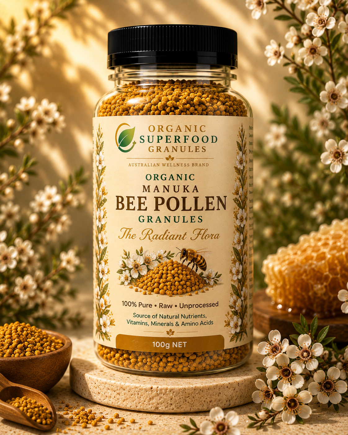 Jar of Organic Superfood Granules Manuka Bee Pollen Granules with flowers and honeycomb in the background. Organic Manuka Bee Pollen Granules | The Radiant Flora