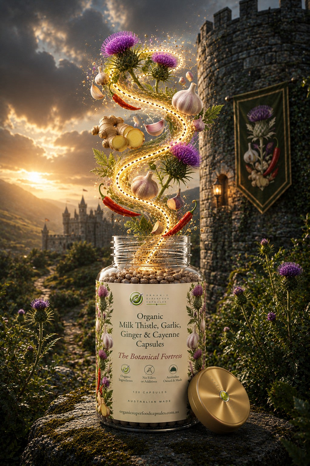 A glass jar of organic milk thistle, garlic, ginger, and cayenne capsules sits on a stone surface in front of a castle at sunset. A gold-toned metal lid rests beside the jar, and a swirling spiral of botanical elements including purple milk thistle flowers, garlic bulbs, ginger roots, and red chili peppers rises from the jar.