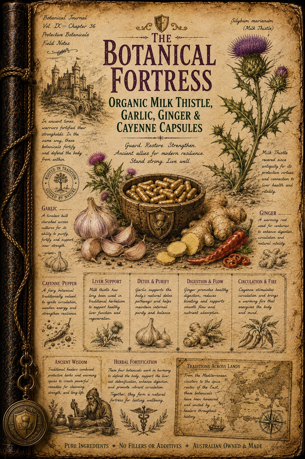 A vintage-style illustrated poster or booklet cover titled "The Botanical Fortress" with illustrated herbs, garlic bulbs, ginger roots, a bowl of capsules, and text blocks on an aged parchment background. A dark brown leather-bound book spine or border is visible along the left edge.