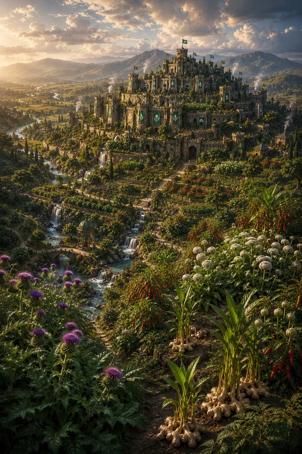 Fantasy landscape artwork showing a large stone castle perched on a lush green hillside with waterfalls, mountains in the distance, and dramatic golden-hour clouds overhead.