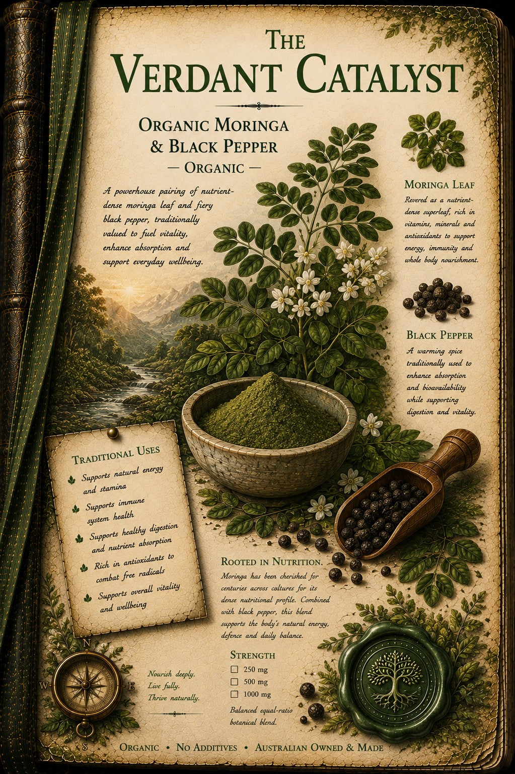 A vintage-style illustrated product card for 'The Verdant Catalyst' organic moringa and black pepper blend. The design features a sepia parchment background with illustrations of fresh green moringa leaves, a bowl of green powder, whole black peppercorns in a wooden scoop, a traditional compass, and a wax seal.