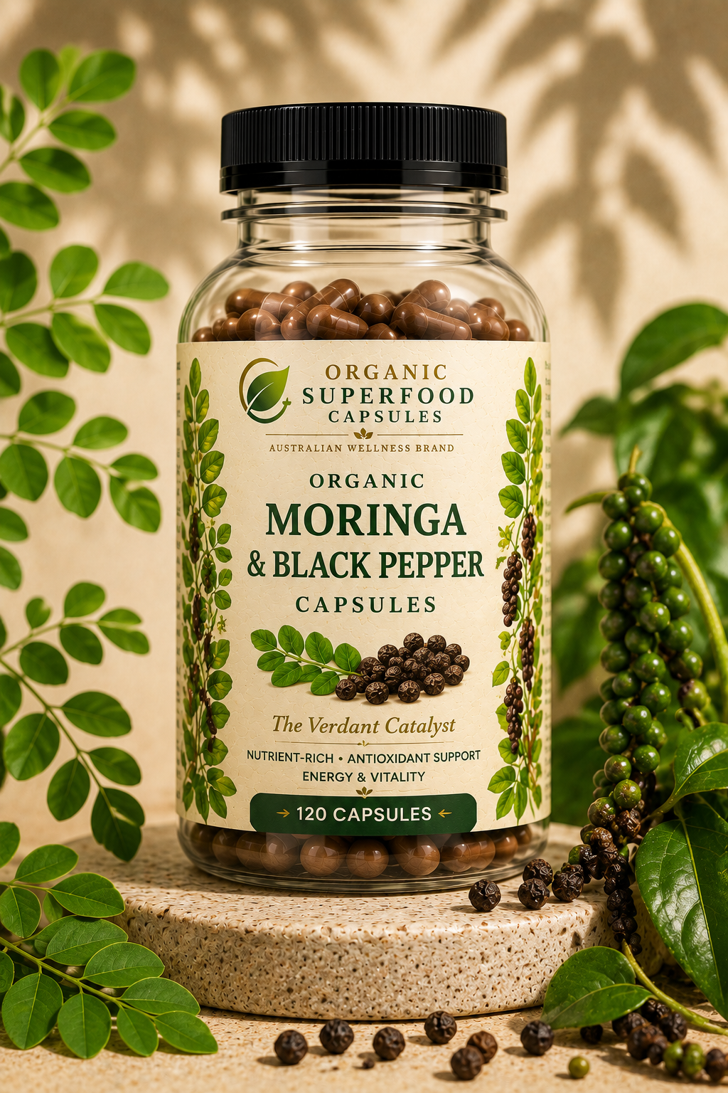 Jar of organic moringa and black pepper capsules with leaves in the background. Organic Moringa & Black Pepper | The Verdant Catalyst