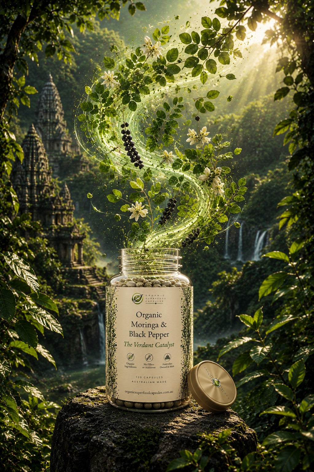 A glass jar of organic moringa and black pepper spice blend sits on a stone pedestal in a lush jungle setting. Green magical smoke swirls out of the open jar, and a gold-toned lid rests beside it.
