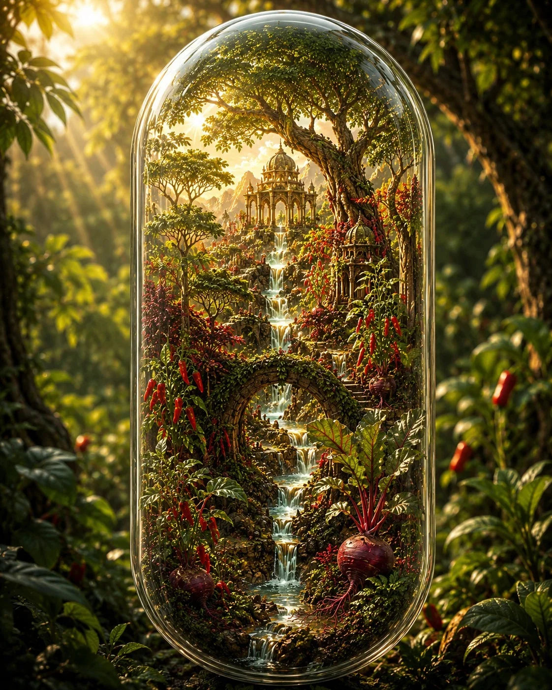 A clear capsule-shaped glass container filled with a lush fantasy forest scene, including a waterfall, trees, flowers, and a small stone structure, set against a real outdoor jungle background.