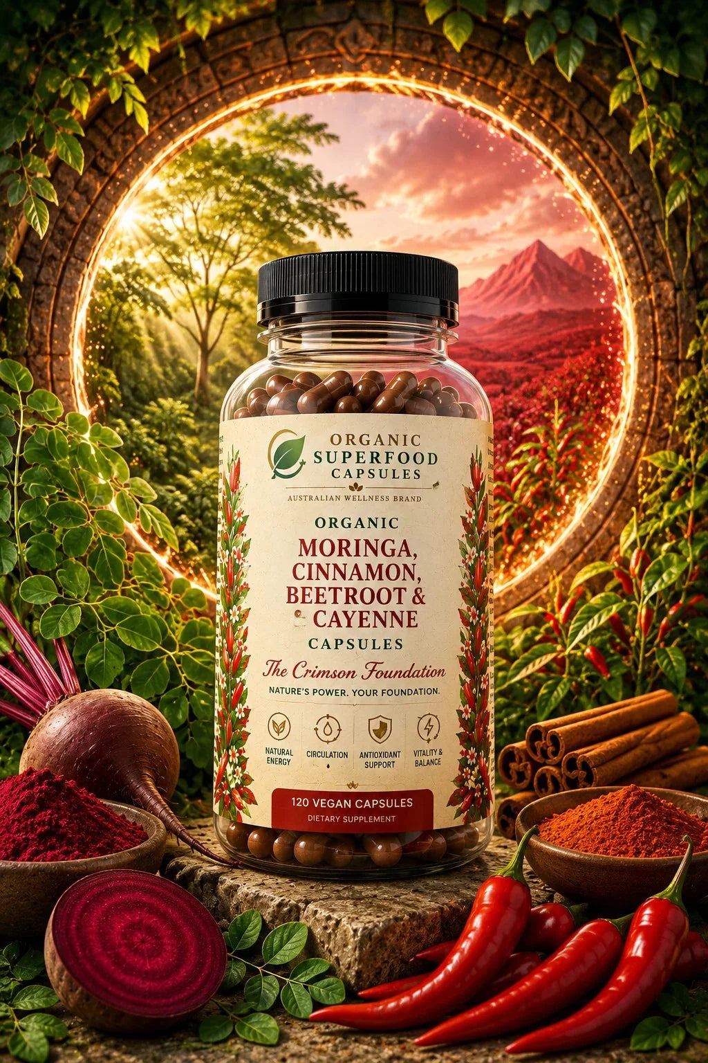 A bottle of Organic Superfood Capsules containing Moringa, Cinnamon, Beetroot & Cayenne, styled in a lush, circular forest scene with red chilies, cinnamon sticks, and sliced beets.