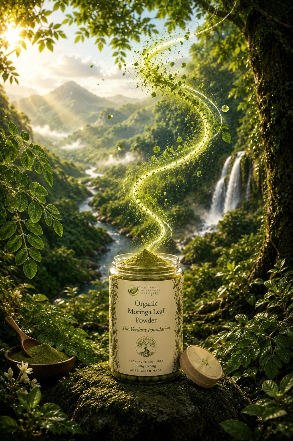 A jar of Organic Moringa Leaf Powder sits on a mossy log in a lush forest scene, with a swirling trail of green powder rising into the air and a waterfall in the background.