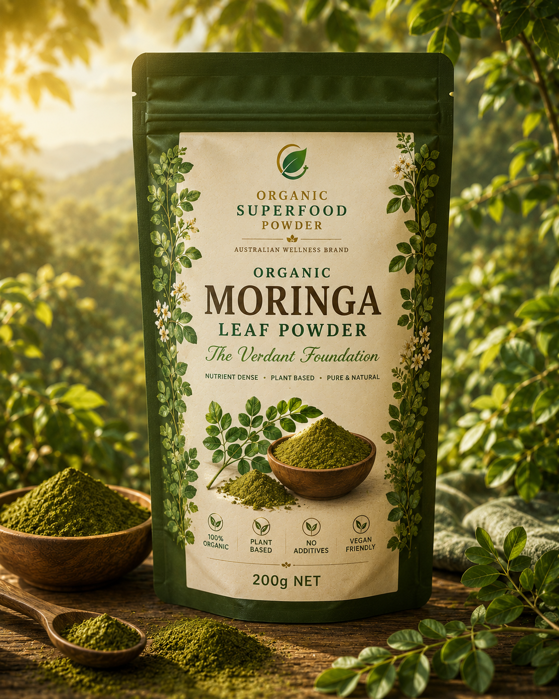 Package of Organic Moringa Leaf Powder with a natural background