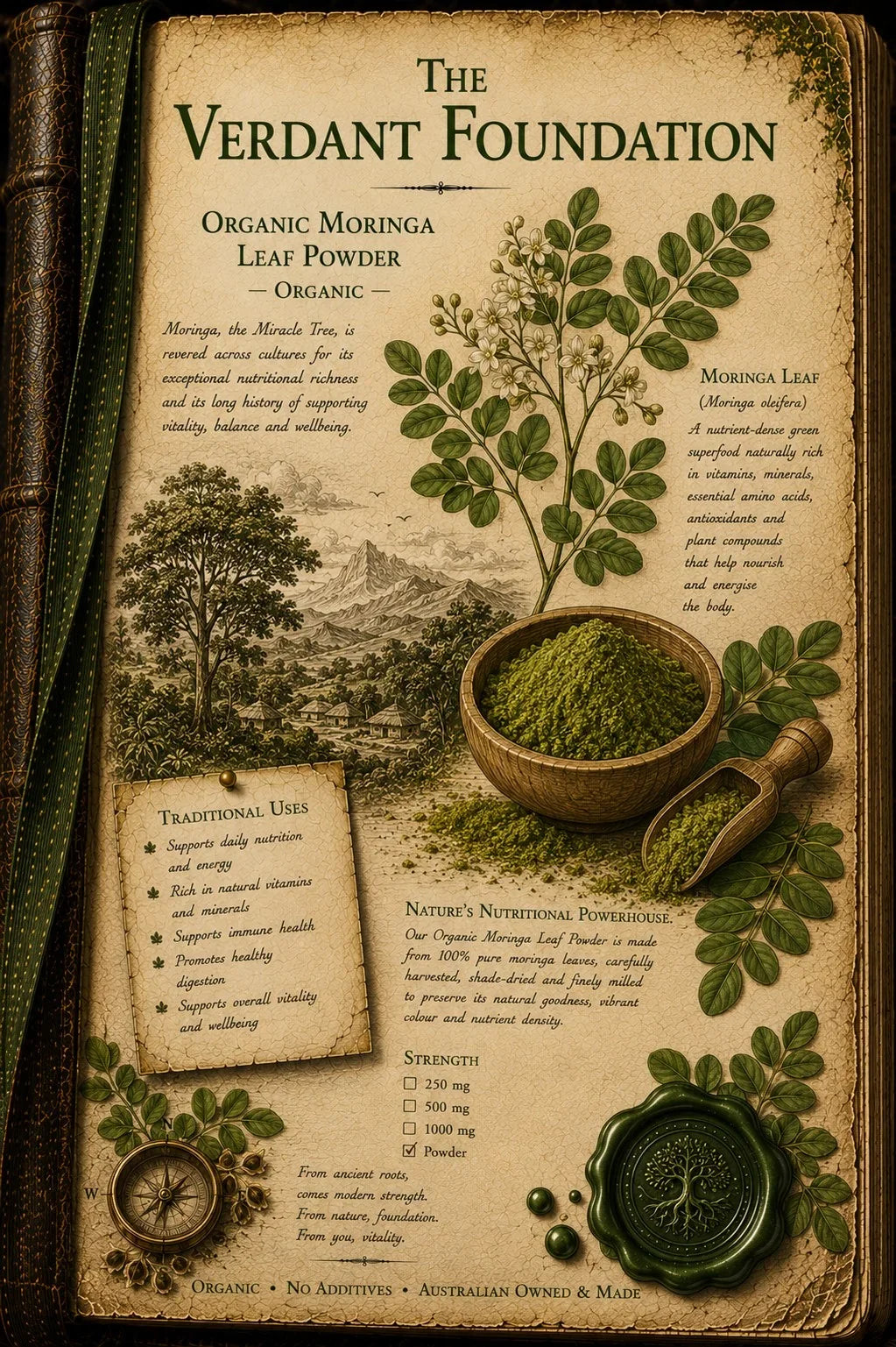 An aged parchment-style poster titled 'The Verdant Foundation' featuring botanical illustrations of moringa leaves, a wooden bowl, a scoop, and text detailing organic moringa leaf powder. The design is styled as an open vintage book with a green ribbon bookmark on the left.