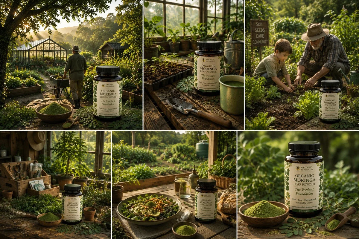 A six-panel collage showing supplement bottles placed in garden and greenhouse settings, with people gardening and bowls of green powder or herbs beside the bottles. The bottles have black caps and cream labels with green and black text.