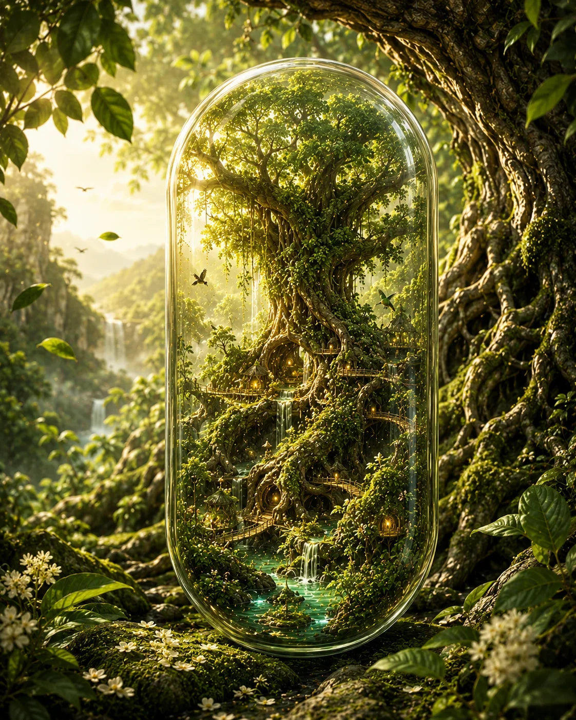 Glass dome enclosing a lush forest scene with trees and waterfalls. Organic Moringa Leaf Powder | The Verdant Foundation