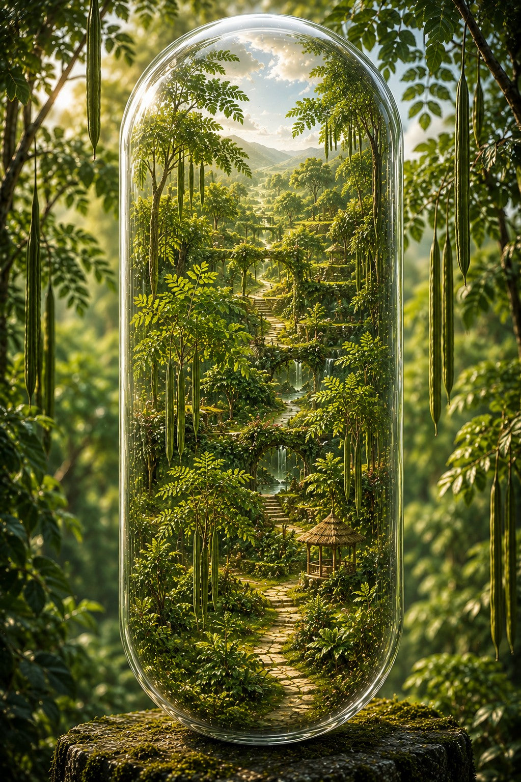 A tall, clear capsule-shaped glass container sits on a mossy surface, containing a lush miniature forest scene with a stone path, waterfalls, and dense greenery. The container is photographed against a real forest backdrop with hanging leaves and sunlight filtering through the trees.