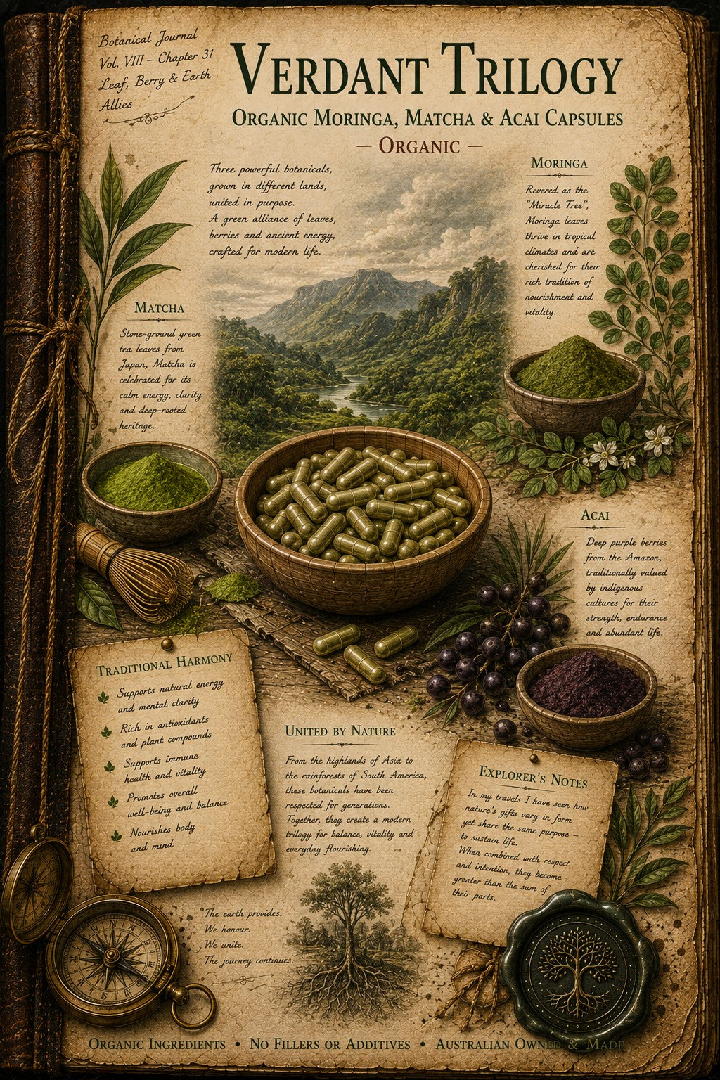 Vintage-style illustrated book cover for 'Verdant Trilogy: Organic Moringa, Matcha & Acai Capsules' showing herbal capsules in bowls, green powder in a cup, botanical illustrations, and aged parchment notes over a forest landscape background.