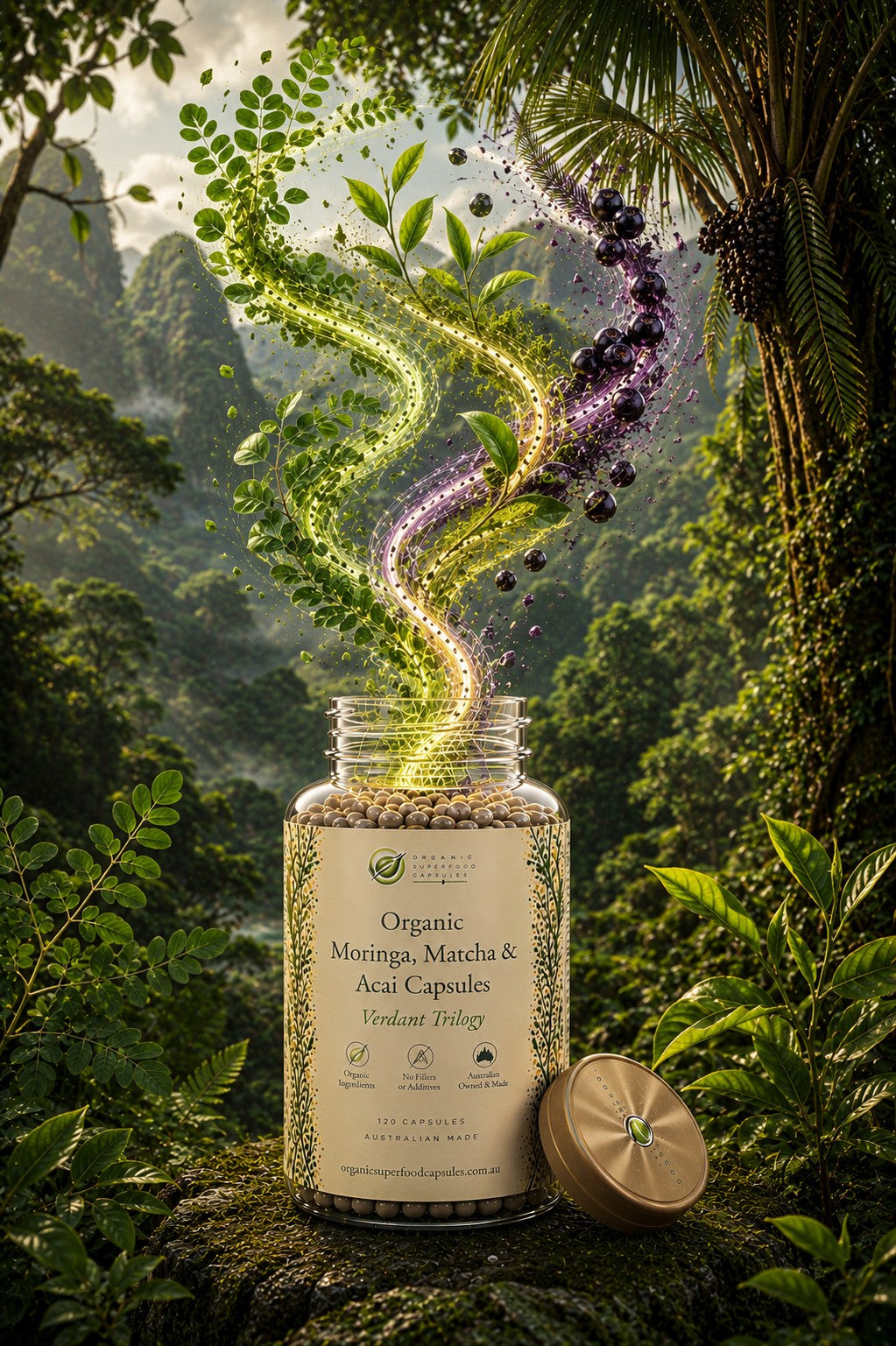 A clear supplement jar labeled 'Organic Moringa, Maca & Ashwagandha Capsules' sits on a mossy log in a lush jungle setting, with a gold-toned lid beside it and a swirling stream of green, yellow, and purple botanical particles rising from the open jar.