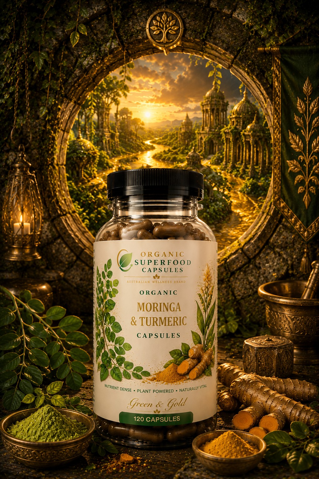 Organic Moringa & Turmeric Capsules | Green & Gold