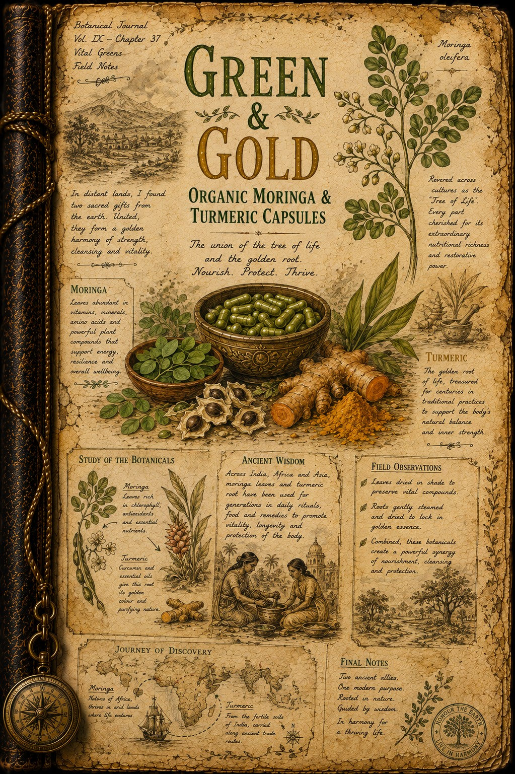 A vintage-style illustrated product card or poster for Green & Gold Organic Moringa & Turmeric Capsules, featuring botanical illustrations, text panels, a bowl of green capsules, herbs, and roots on an aged parchment background.