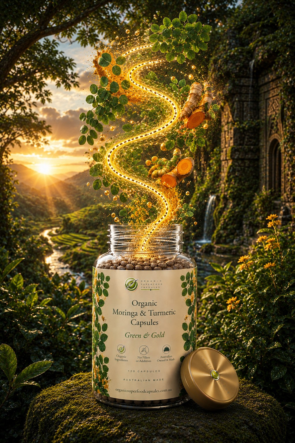 A clear supplement jar labeled 'Organic Moringa & Turmeric Capsules Green & Gold' sits on a mossy stone in a lush outdoor garden at sunset, with a glowing golden spiral of herbs and leaves rising from the open jar and a gold-toned lid beside it.
