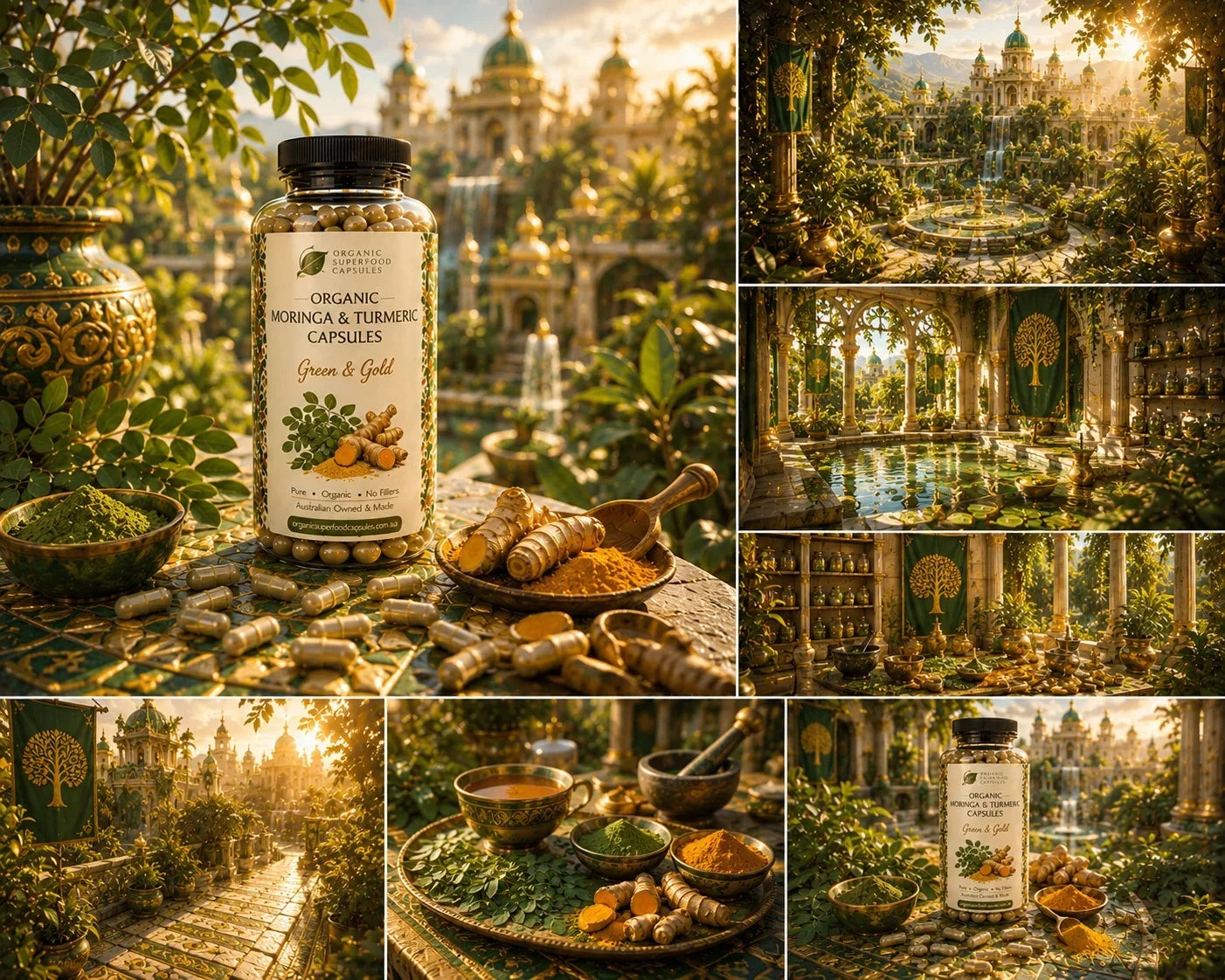 A collage of seven warm-toned scenes featuring a bottle of herbal capsules surrounded by turmeric roots, spices, bowls, and lush garden architecture. The main product bottle is visible in several panels, with capsules scattered around and botanical imagery in the background.