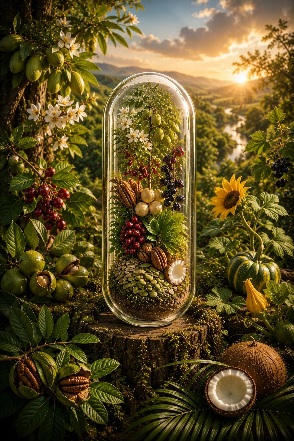 A tall clear terrarium with a rounded arched glass top, filled with layered greenery, nuts, berries, and small plants, displayed on a tree stump in a lush outdoor jungle-like setting with mountains and a sunset in the background.