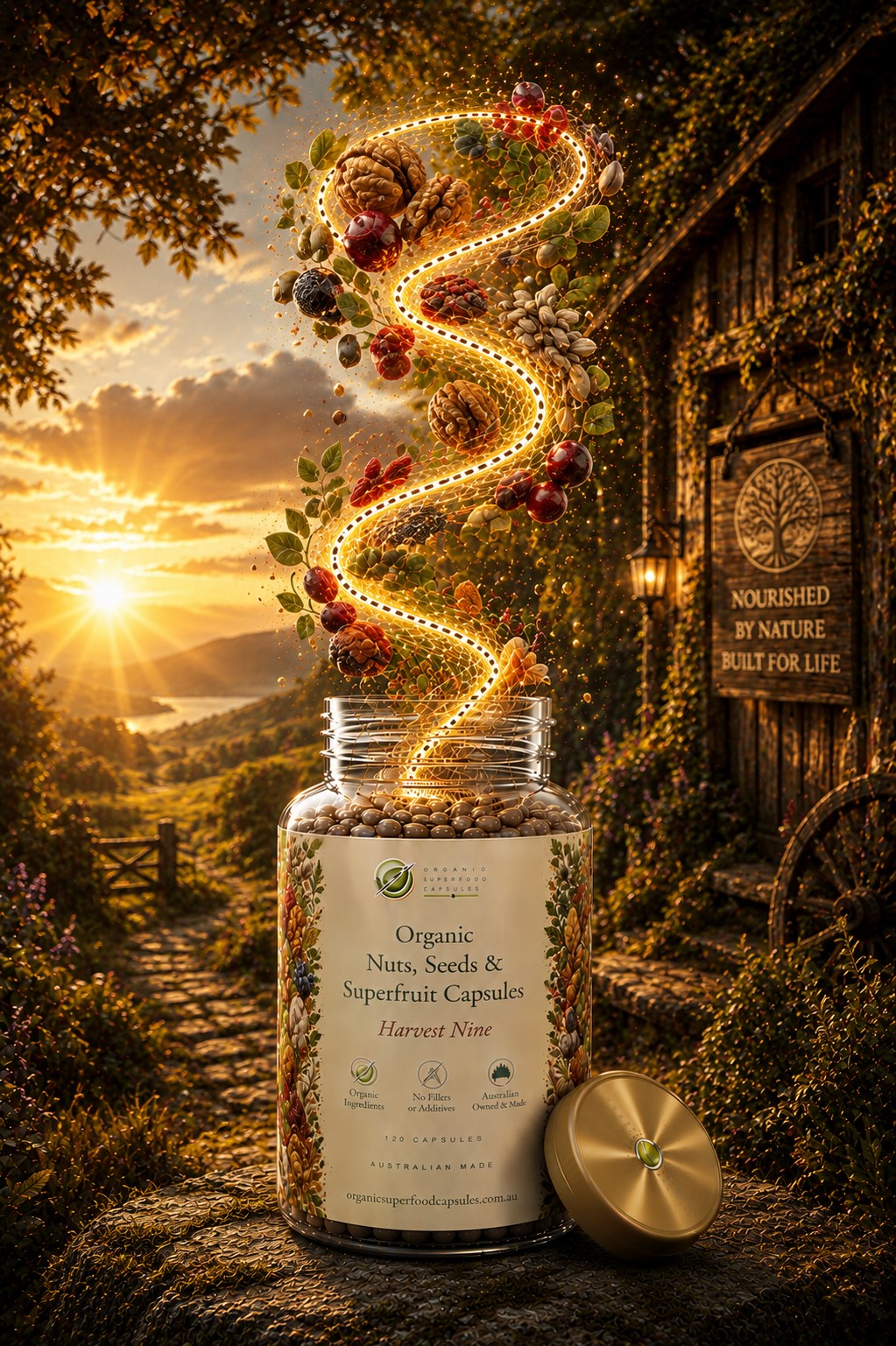 A clear jar of organic nuts, seeds, and superfruit capsules with a gold lid, set in a rustic outdoor scene with a glowing spiral of ingredients rising from the top, against a warm sunset and wooden cabin background.
