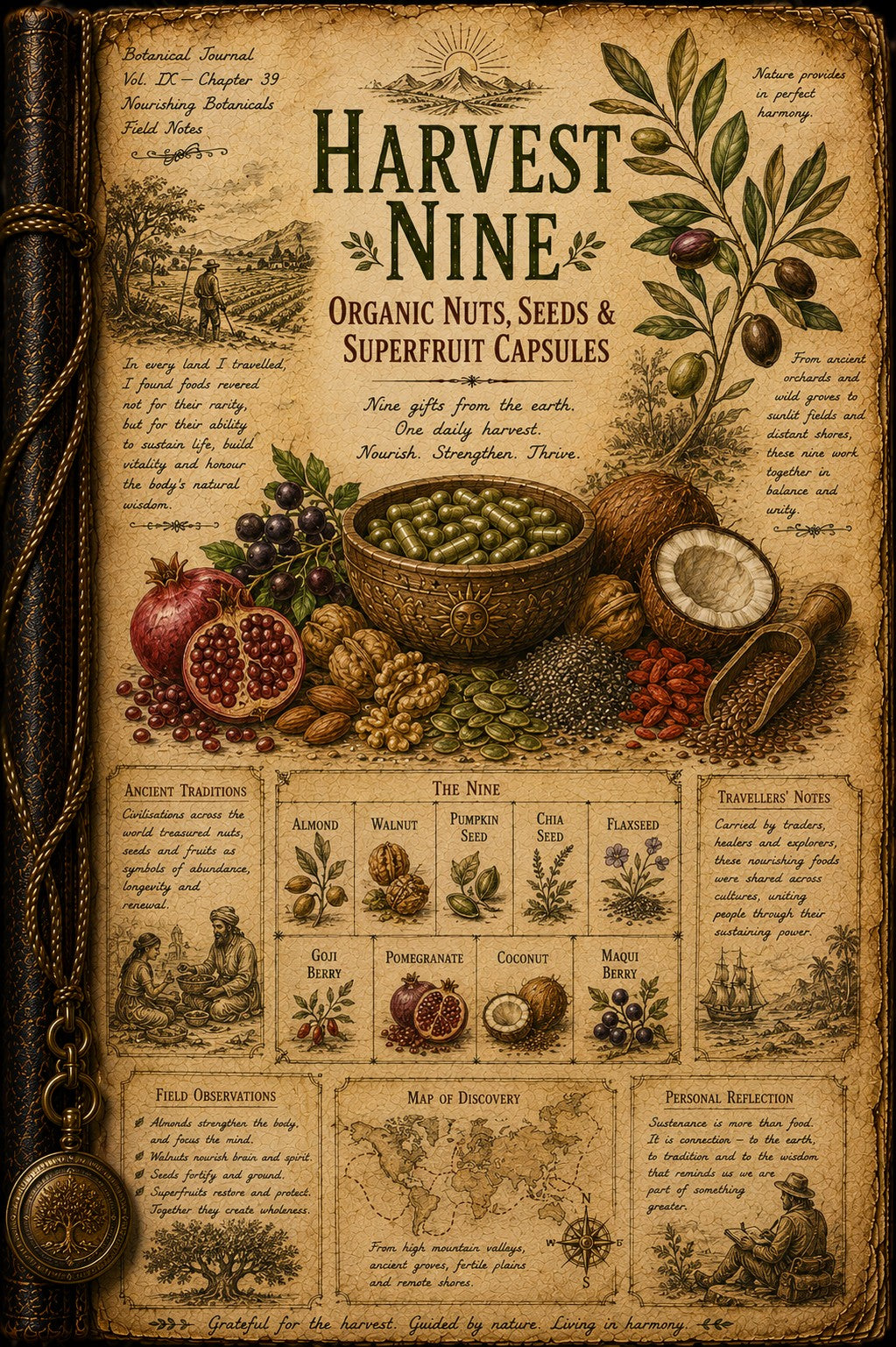 A vintage-style illustrated poster titled "Harvest Nine" with aged parchment background, botanical artwork, and illustrations of nuts, seeds, and fruits. The design includes decorative text blocks, a bowl of green beans, a pomegranate, a coconut, and small labeled panels near the bottom.