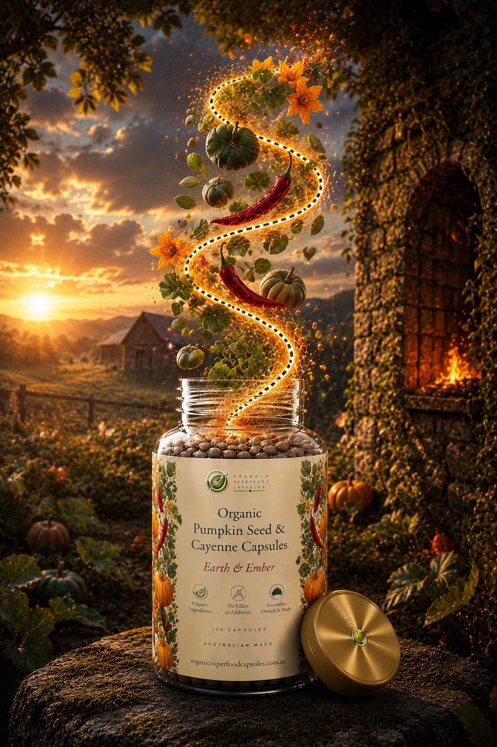 A jar of Organic Pumpkin Seed & Cayenne Capsules sits on a stone surface in an outdoor autumn setting with a glowing spiral of seeds and spices rising from the open container. The lid rests beside the jar, and the background shows a rustic stone wall, sunset light, and warm garden scenery.