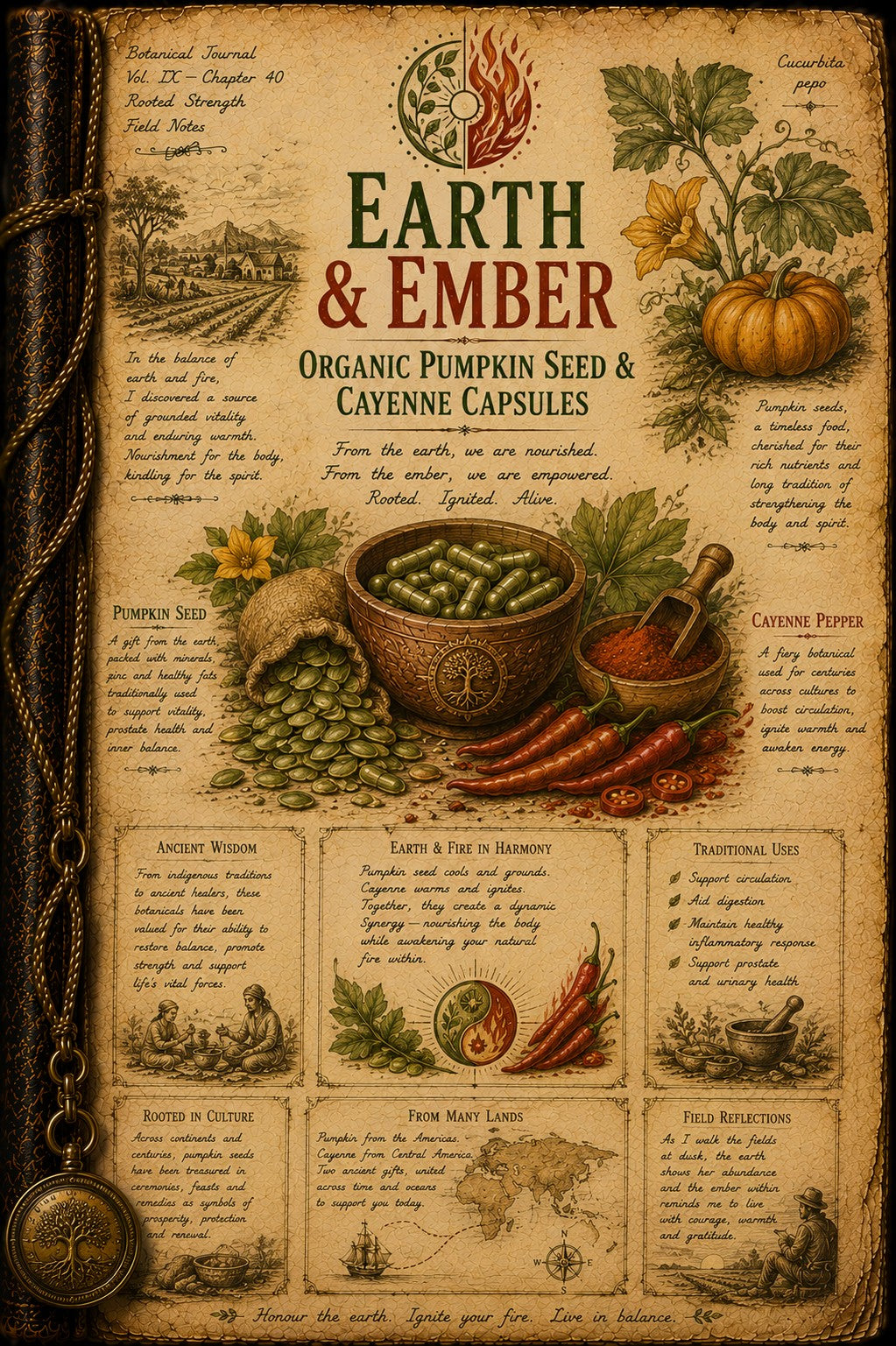 An aged parchment-style informational poster titled 'Earth & Ember Organic Pumpkin Seed & Cayenne Capsules,' featuring illustrations of pumpkins, chili peppers, herbs, a bowl of green seeds, and decorative text blocks on a parchment background.