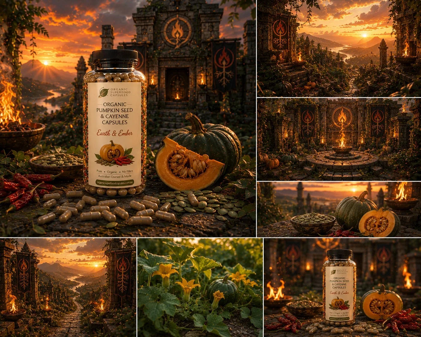 A collage of six panels featuring a jar of Earth & Garden Organic Pumpkin Seed & Cayenne Capsules | Earth & Ember. The product is shown in various mystical, fantasy-themed environments with gothic ruins, glowing fireplaces, and pumpkins, alongside loose seeds, spices, and a pumpkin seed carving.