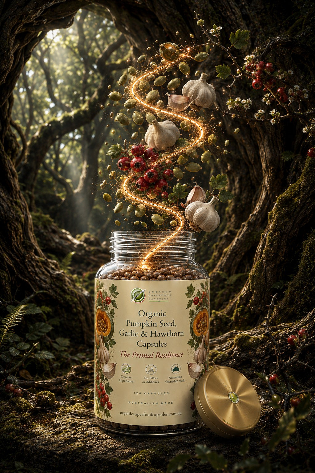 A jar of Organic Pumpkin Seed, Garlic & Hawthorn Capsules sits on a forest floor with its gold lid beside it. The background is a mystical, mossy tree hollow with glowing golden light trails forming a spiral of garlic bulbs, seeds, and red berries above the jar.
