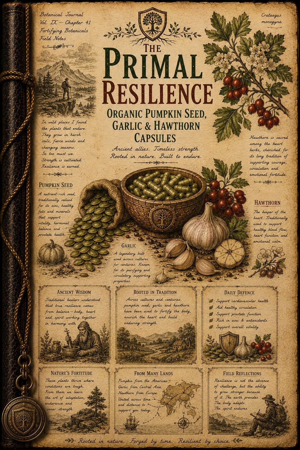 A vintage-style illustrated book or journal page titled "The Primal Resilience" with botanical illustrations, pumpkins, garlic, berries, and text panels on aged parchment. A dark brown leather-bound book spine is visible along the left edge.