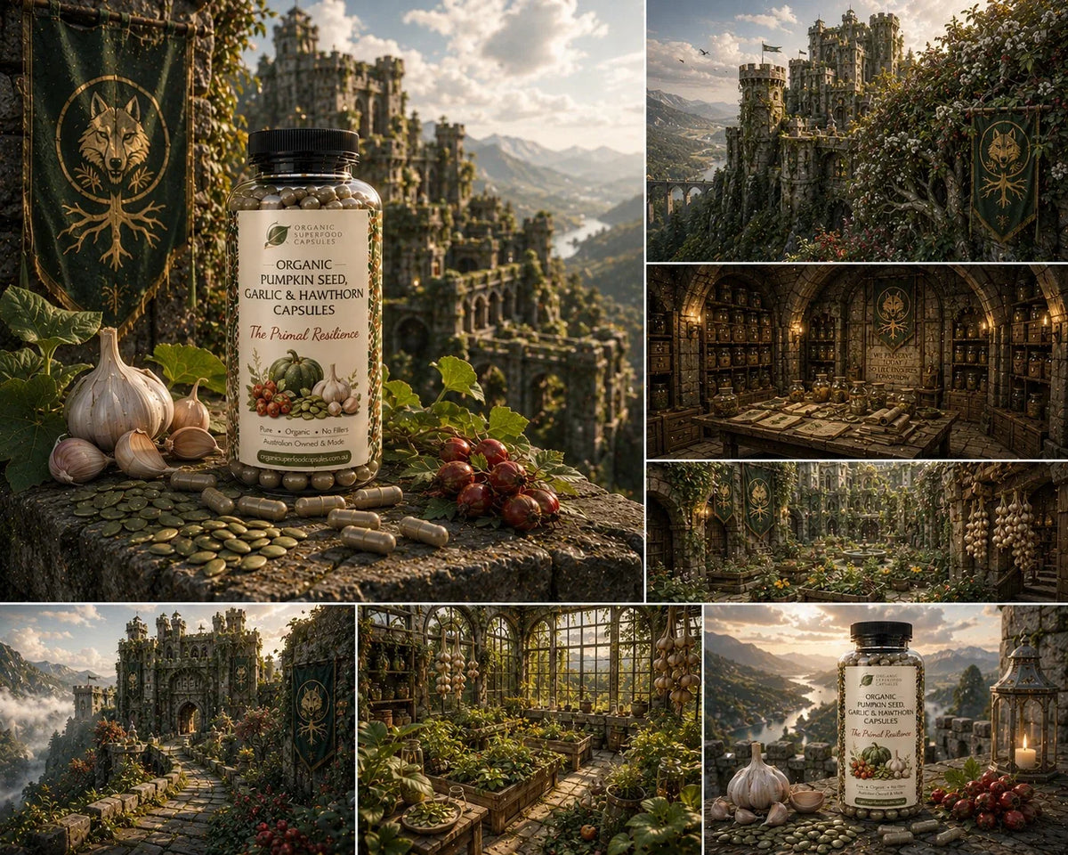 A collage of seven scenes featuring a bottle of  styled on stone ruins with garlic, berries, and banners, alongside interior views of an ancient library and castle halls.